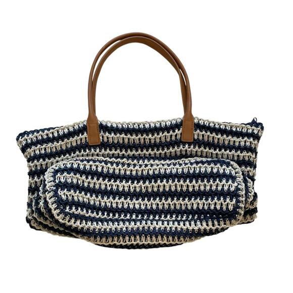 H&M Navy & Ivory Boho Raffia Straw Tote Shoulder Beach Bag Lined, Beige Handles - Picture 3 of 15